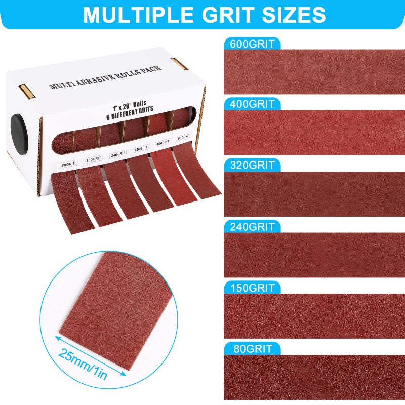Oacdiel 6 Grits Emery Cloth Roll, Multiple Grit Sizes, Abrasive Sandpaper Roll with Dispenser, 80 150 240 320 400 600 Grit Sandpaper Assortment, Wet Emory Cloths for Wood Furniture Metal Automotive (6Meters) - Image 3